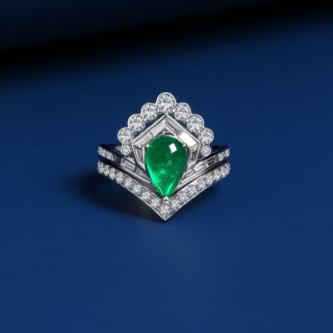 14k Gold 2.80 Ctw Vivid Green Natural Emerald & Diamond Ring: Ref:231074059 // gold content:14k gold // ring size:7. 25us // // main gemstone:emerald // shape:pear // carat weight:1. 45ct // color:vivid green // treatment:natural // // adjacent gemstone 2 :