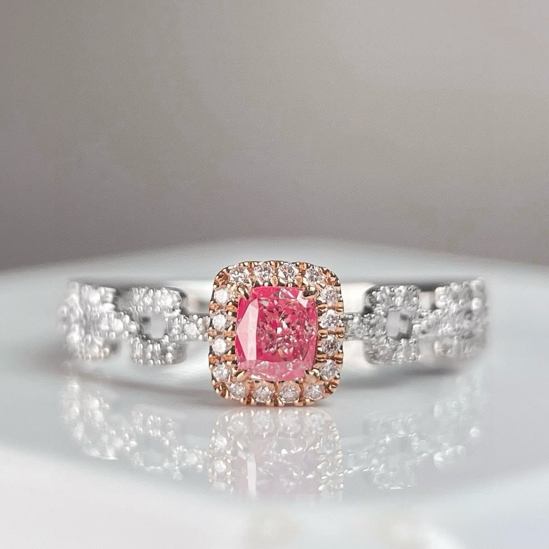 14k Gold 0.46 Ctw Natural Pink Diamond & Diamond Ring: Ref:231074061 // gold content:14k gold // ring size:7. 25us // // main gemstone:pink diamond // shape:cushion // carat weight:0. 25ct // color:pink // treatment:natural // // adjacent gemstone 2 :