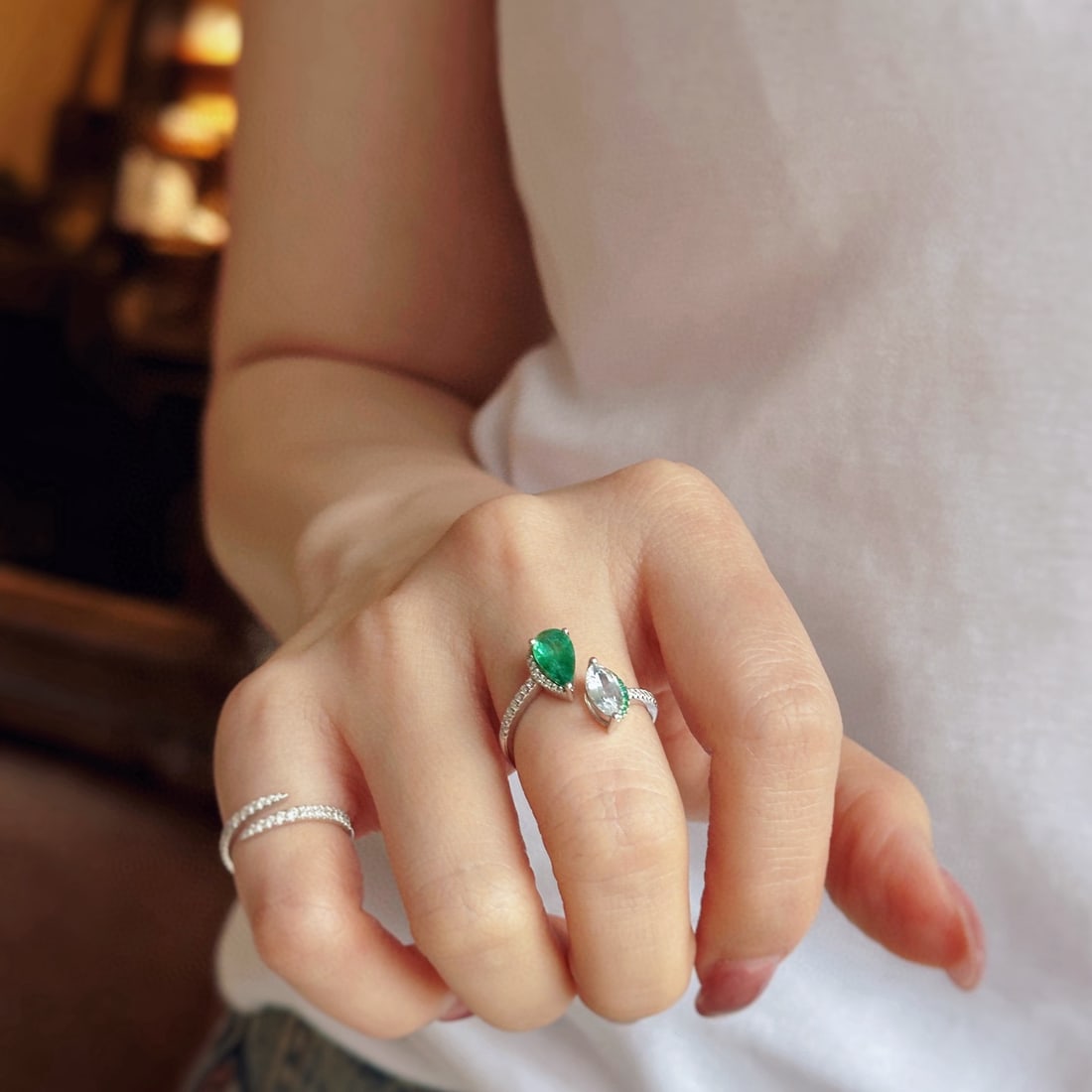 14k Gold 1.32 Ctw Vivid Green Natural Emerald & Sapphire & Toi Et Moi Ring - 7