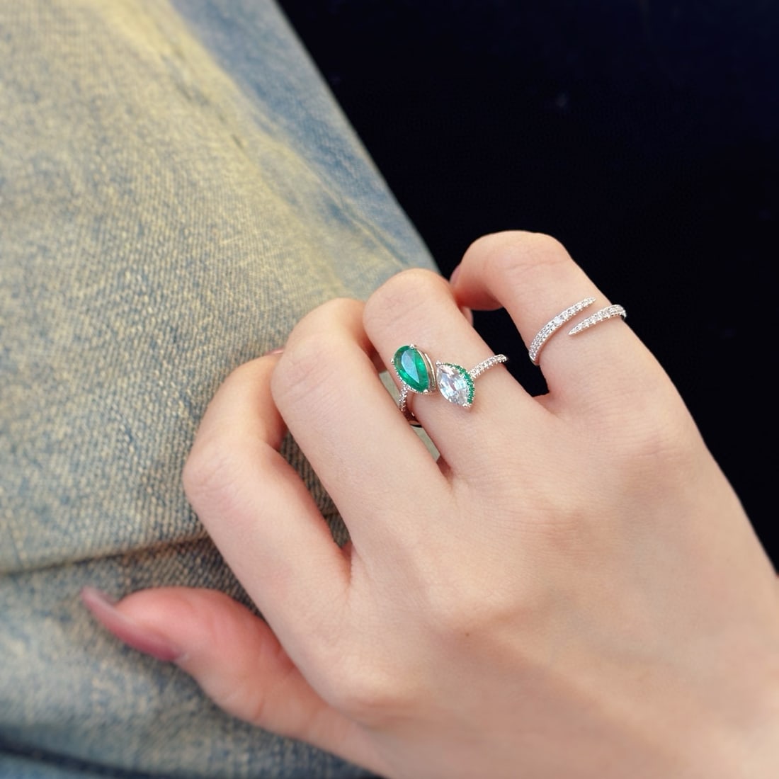 14k Gold 1.32 Ctw Vivid Green Natural Emerald & Sapphire & Toi Et Moi Ring - 8