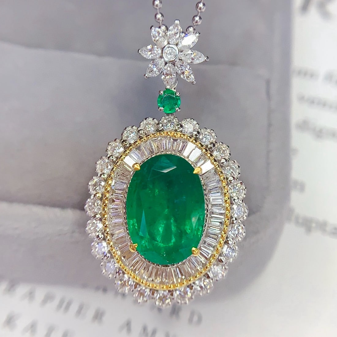 14k Gold 5 Ct Vivid Green Natural Emerald & Diamond Pendant( Without Chain ) - 2