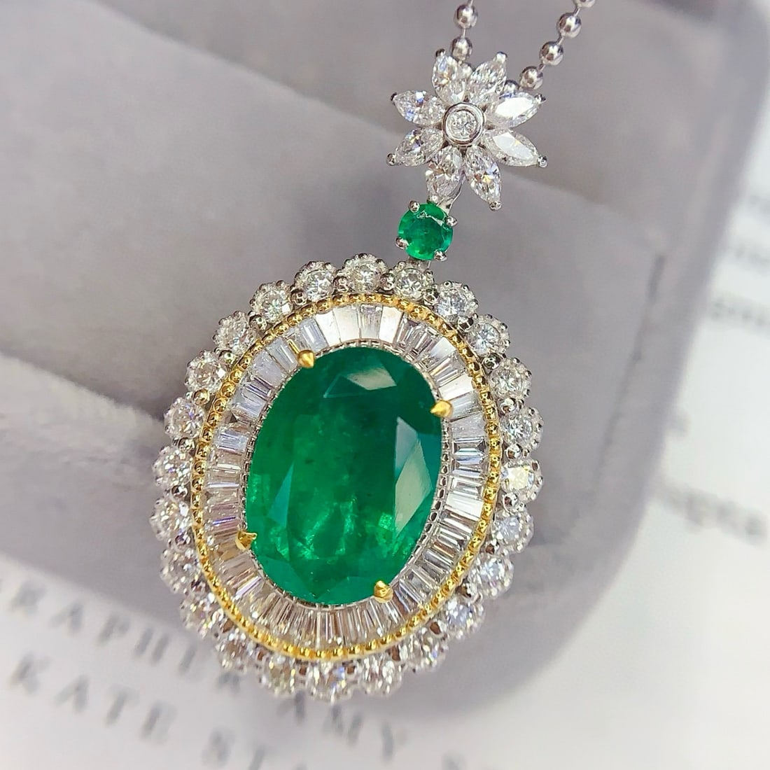 14k Gold 5 Ct Vivid Green Natural Emerald & Diamond Pendant( Without Chain ) - 3