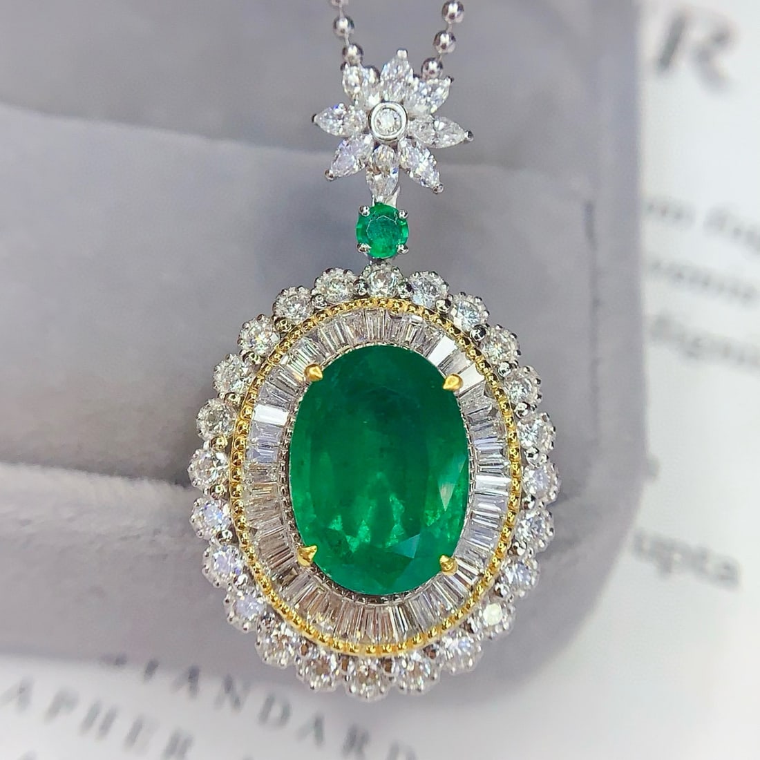 14k Gold 5 Ct Vivid Green Natural Emerald & Diamond Pendant( Without Chain ) - 4