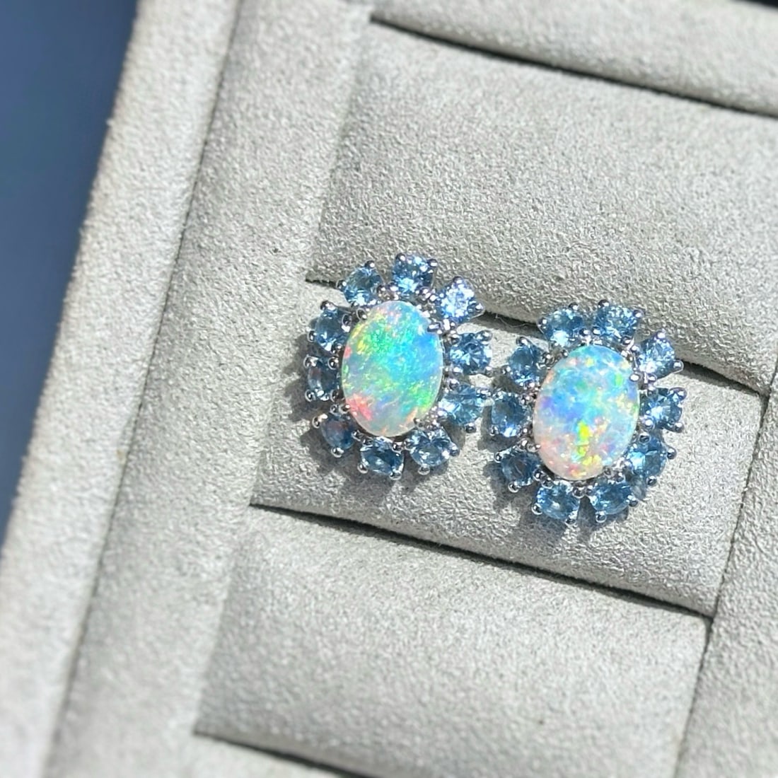 14k Gold 2 Ctw Natural Opal & Aquamarine Earrings: Ref:231074107 // gold content:14k gold // main gemstone:opal // shape:oval // carat weight:1ct // color:color // treatment:natural // // adjacent gemstone 2 : aquamarine // shape:round // carat weight