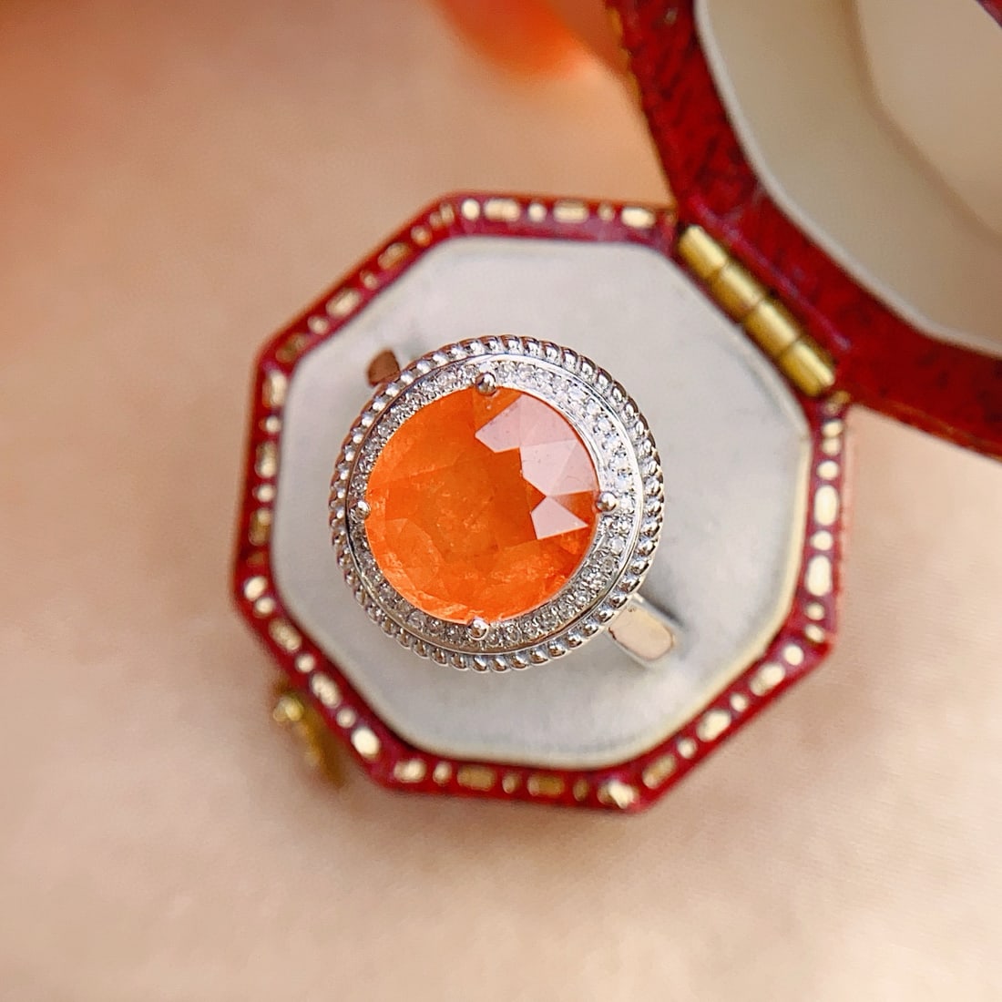14k Gold 4.85 Ct Natural Spessartine & Diamond Ring: Ref:231074175 // gold content:14k gold // ring size:7. 25us // // main gemstone:spessartine // shape:oval // carat weight:4. 85ct // color:orange // treatment:natural // // adjacent gemstone 2 :