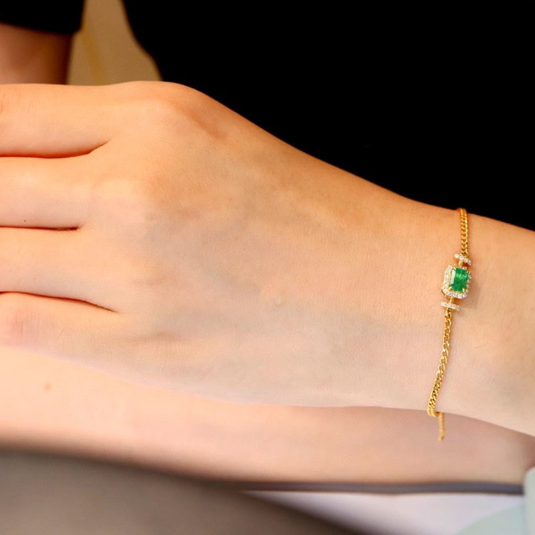 14k Gold 0.75 Ctw Natural Emerald & Diamond Bracelet - 7