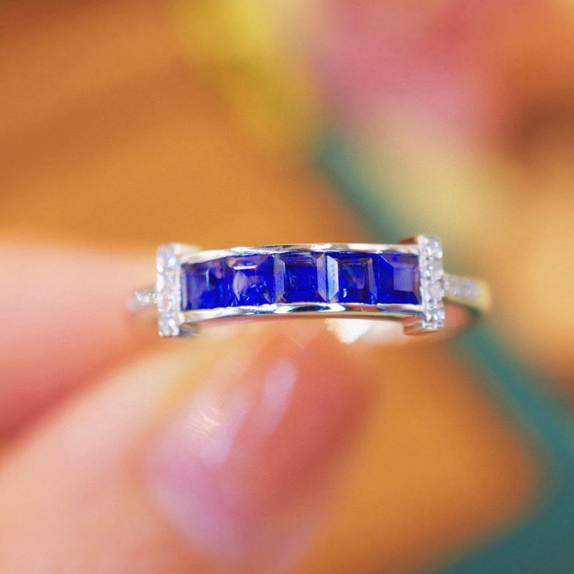 14k Gold 0.76 Ctw Natural Sapphire & Diamond Ring: Ref:231074198 // gold content:14k gold // ring size:7. 25us // // main gemstone:sapphire // shape:square // carat weight:0. 72ct // color:blue // treatment:natural // // adjacent gemstone 2 : diamond