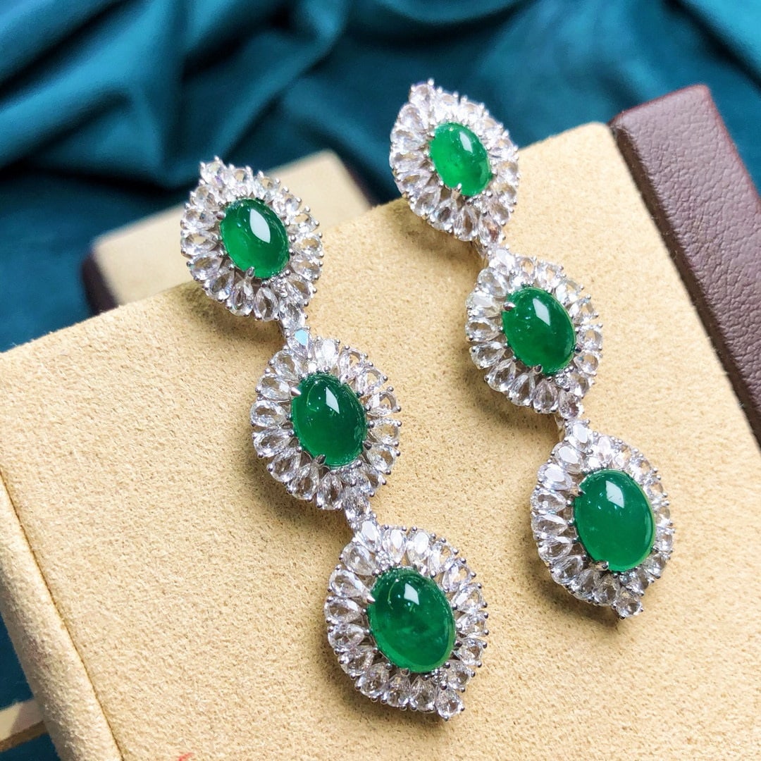 14k Gold 13.02 Ctw Vivid Green Natural Emerald & Sapphire Earrings - 2