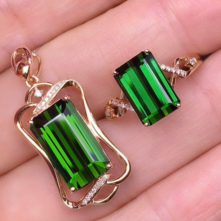 14k Gold 9.3 Ct Natural Tourmaline & Diamond Jewelry Set - 2