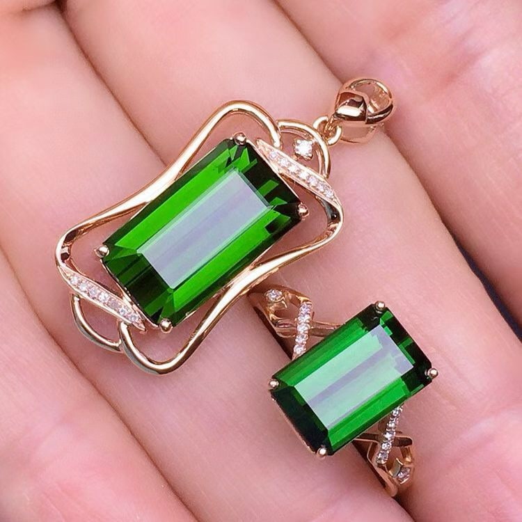 14k Gold 9.3 Ct Natural Tourmaline & Diamond Jewelry Set - 3