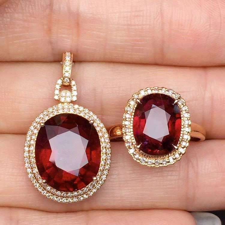 14k Gold 10.5 Ct Natural Tourmaline & Diamond Jewelry Set - 3