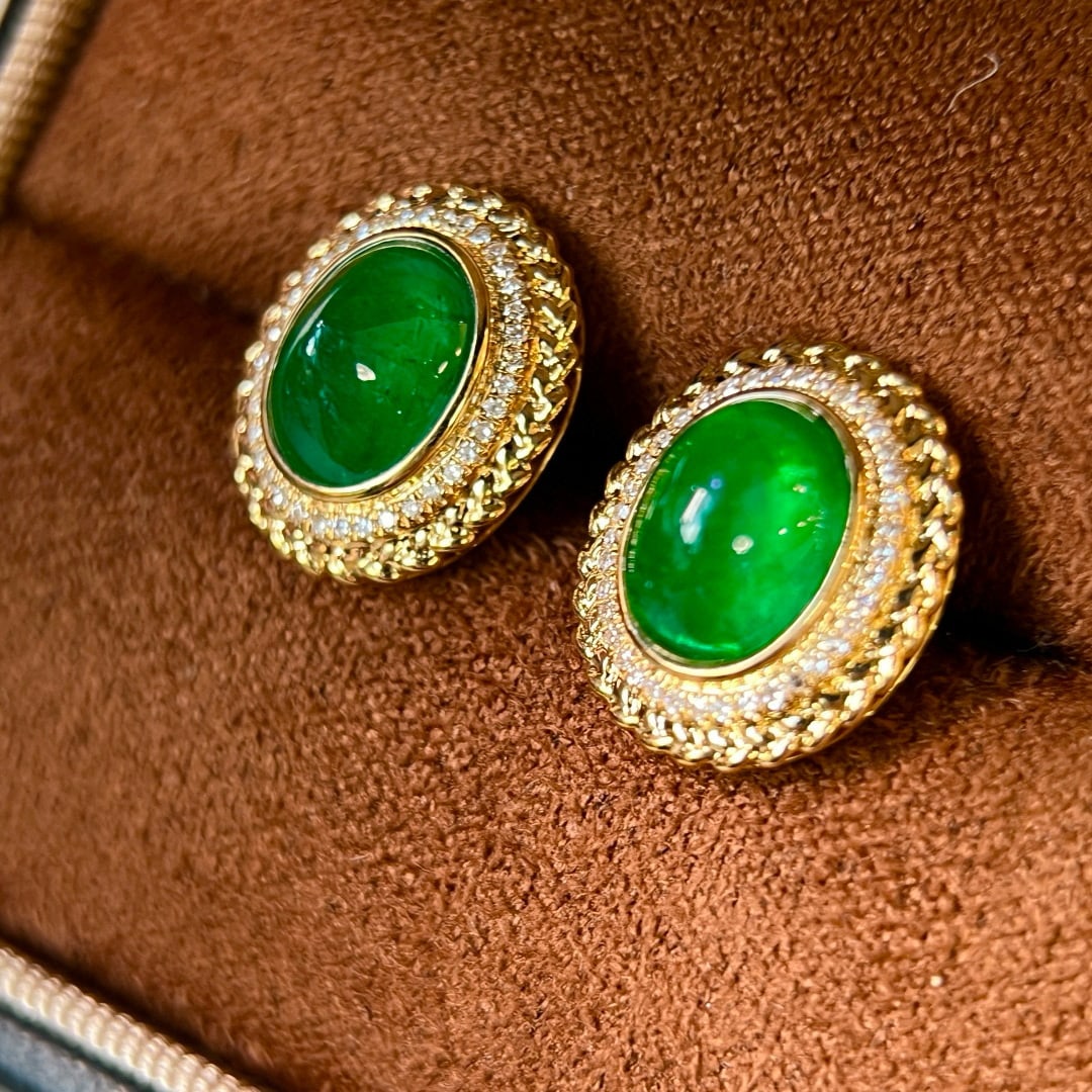 14k Gold 4.27 Ctw Vivid Green Natural Emerald & Diamond Earrings - 2