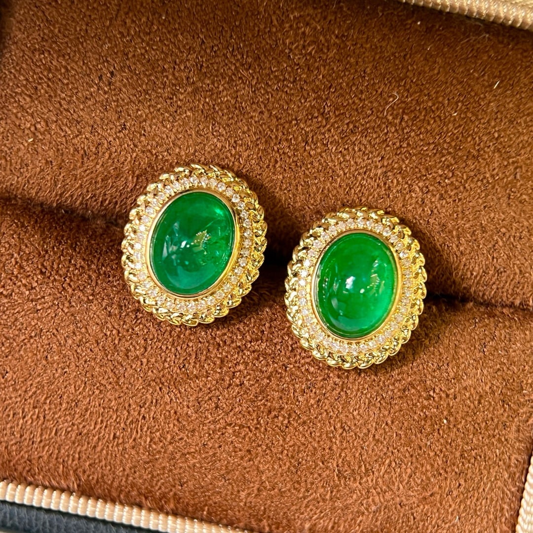 14k Gold 4.27 Ctw Vivid Green Natural Emerald & Diamond Earrings - 3