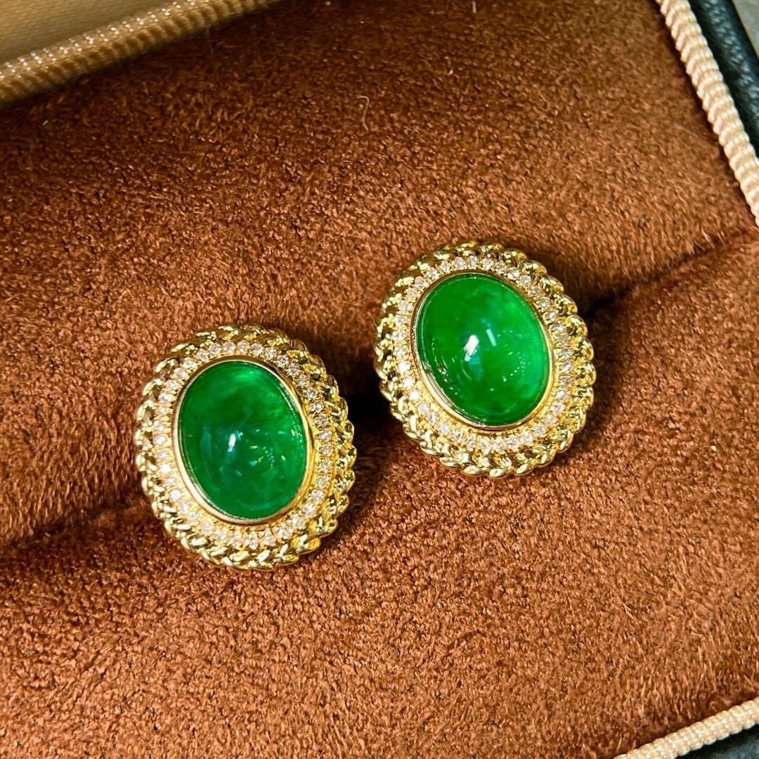 14k Gold 4.27 Ctw Vivid Green Natural Emerald & Diamond Earrings - 4