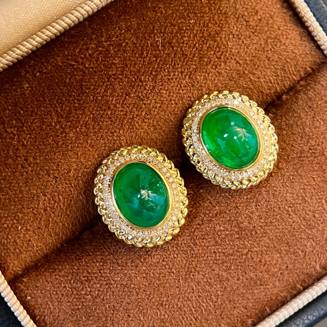 14k Gold 4.27 Ctw Vivid Green Natural Emerald & Diamond Earrings - 5