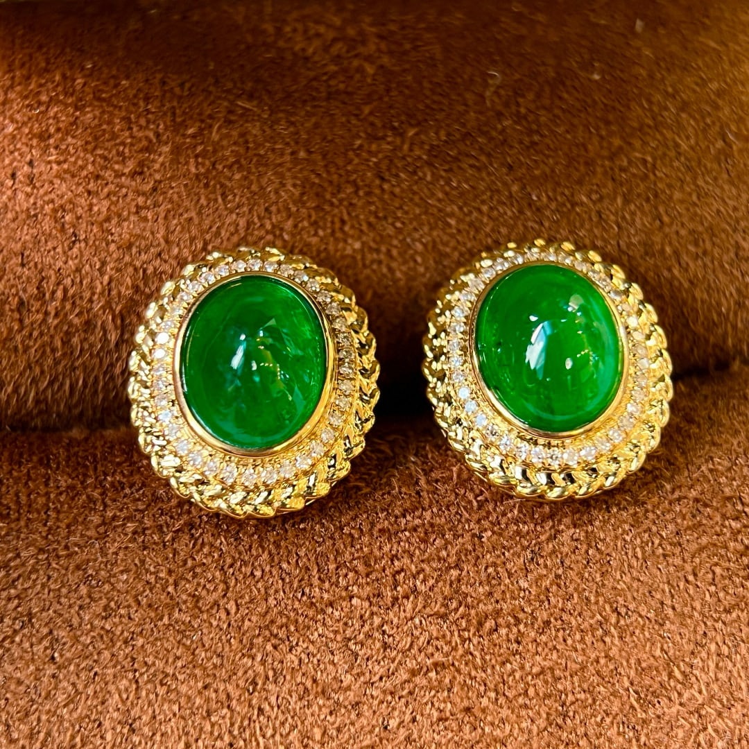 14k Gold 4.27 Ctw Vivid Green Natural Emerald & Diamond Earrings - 6