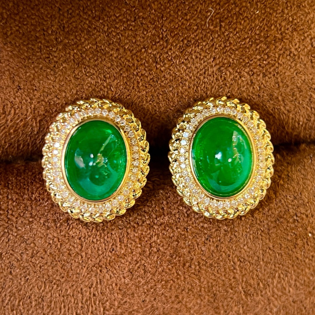 14k Gold 4.27 Ctw Vivid Green Natural Emerald & Diamond Earrings - 7