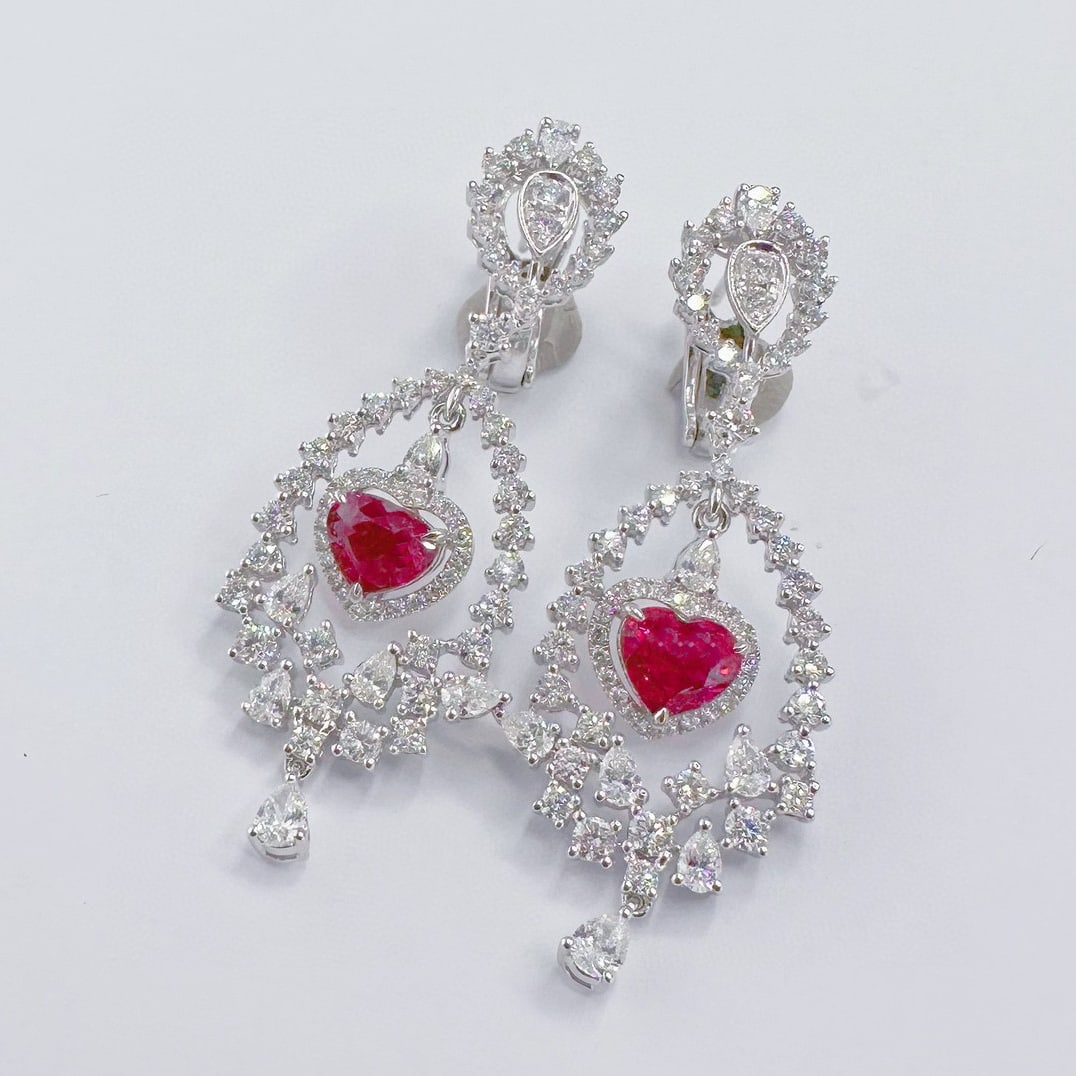 14k Gold 5.37 Ctw Natural Ruby & Diamond Earrings: Ref:231074245 // gold content:14k gold // main gemstone:ruby // shape:heart // carat weight:2. 40ct // color:red // treatment:natural // // adjacent gemstone 2 : diamond // shape:multiple // carat