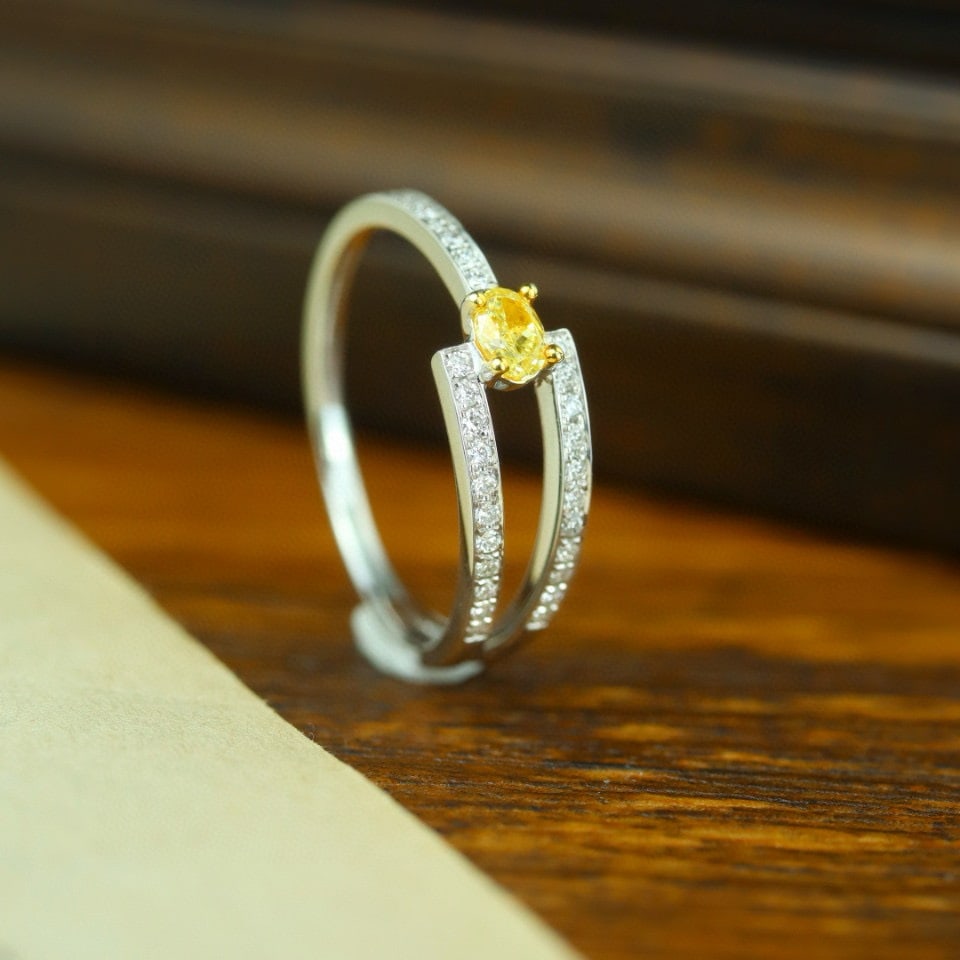 14k Gold 0.16 Ct Natural Yellow Diamond & Diamond Ring: Ref:231074247 // gold content:14k gold // ring size:7. 25us // // main gemstone:yellow diamond // shape:oval // carat weight:0. 16ct // color:yellow // treatment:natural // // adjacent gemstone 2 : di