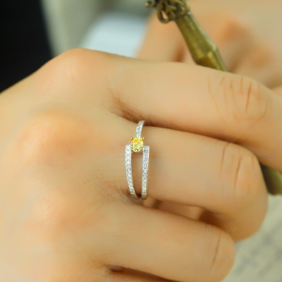 14k Gold 0.16 Ct Natural Yellow Diamond & Diamond Ring - 4