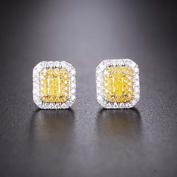 14k Gold 0.66 Ctw Natural Yellow Diamond & Diamond Earrings: Ref:231074262 // gold content:14k gold // main gemstone:yellow diamond // shape:cushion // carat weight:0. 39ct // color:yellow // treatment:natural // // adjacent gemstone 2 : diamond // shape:round