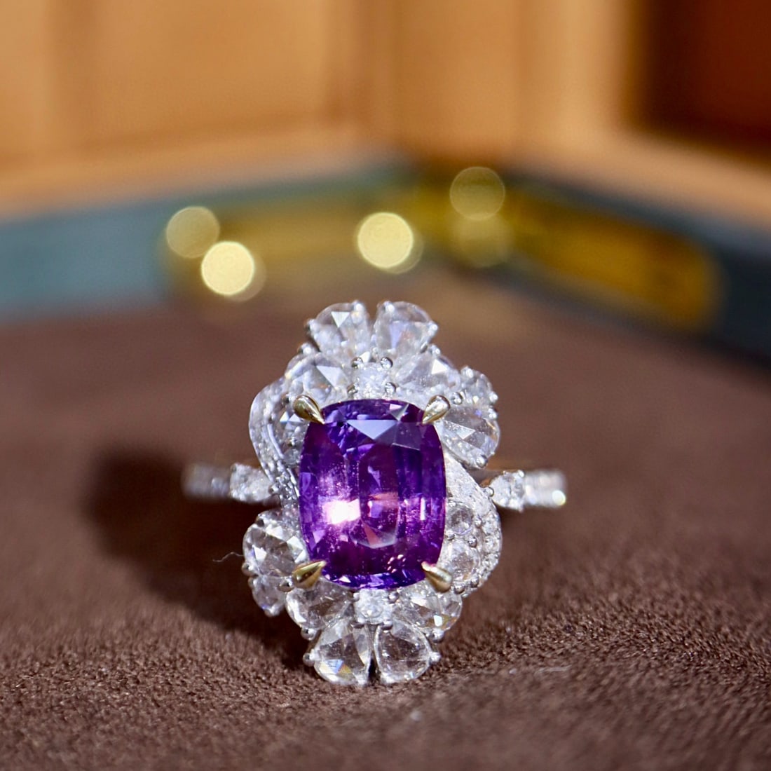 14k Gold 3.38 Ctw Natural Sapphire & Diamond Ring: Ref:231074269 // gold content:14k gold // ring size:7. 25us // // main gemstone:sapphire // shape:cushion // carat weight:2. 50ct // color:purple // treatment:natural // // adjacent gemstone 2 :