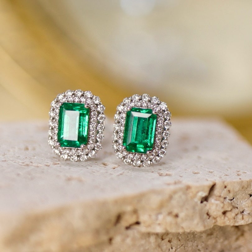 14k Gold 2.89 Ctw Vivid Green Natural Emerald & Diamond Earrings - 2