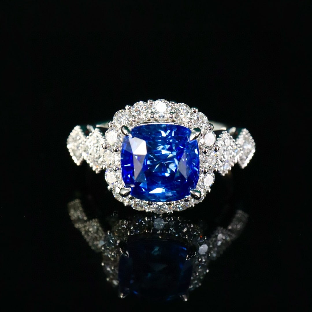 14k Gold 3.16 Ctw Natural Sapphire & Diamond Ring: Ref:231074288 // gold content:14k gold // ring size:7. 25us // // main gemstone:sapphire // shape:cushion // carat weight:2. 65ct // color:cornflower blue // treatment:natural // // adjacent gemstone