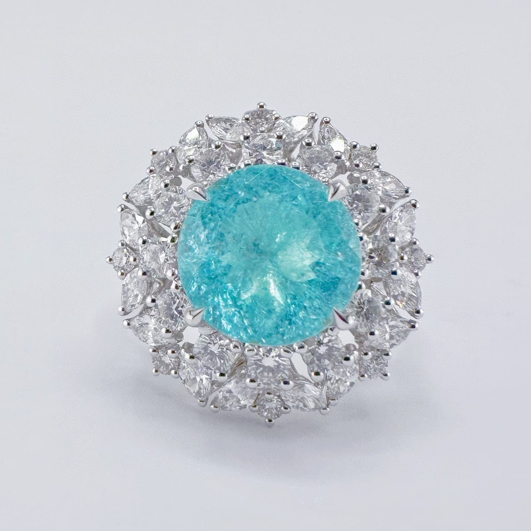 14k Gold 4.60 Ctw Natural Paraiba Tourmaline & Diamond Ring/pendant( Without Chain ): Ref:231074295 // gold content:14k gold // ring size:7. 25us // // main gemstone:paraiba tourmaline // shape:round // carat weight:2. 95ct // color:blue // treatment:natural // cut grade:g // // adjace