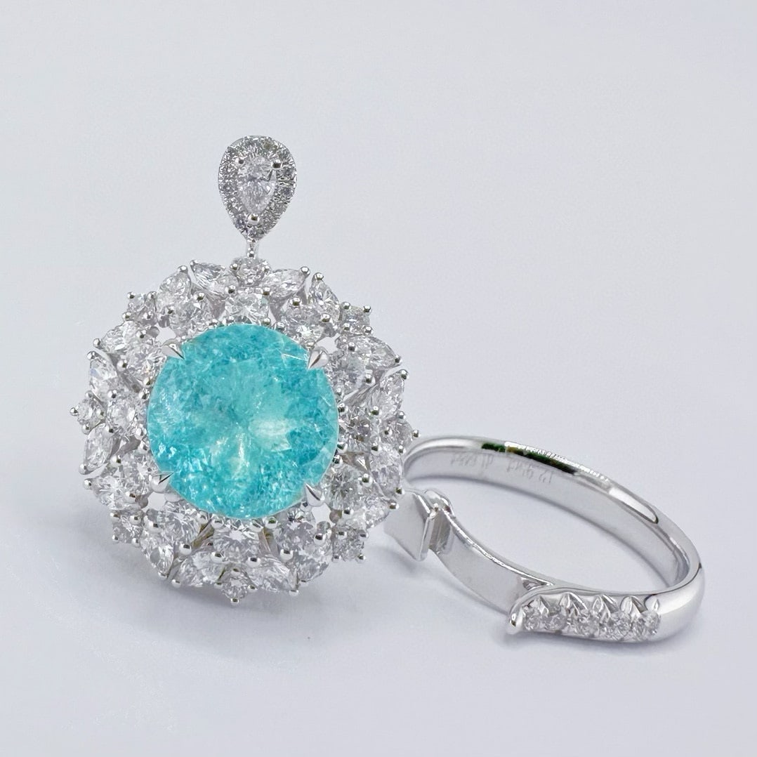 14k Gold 4.60 Ctw Natural Paraiba Tourmaline & Diamond Ring/pendant( Without Chain ) - 3
