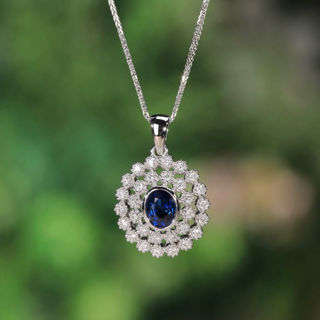 14k Gold 0.43 Ct Natural Sapphire & Diamond Necklace: Ref:231074301 // gold content:14k gold // main gemstone:sapphire // shape:oval // carat weight:0. 43ct // color:blue // treatment:natural // // adjacent gemstone 2 : diamond // shape:round // clarity