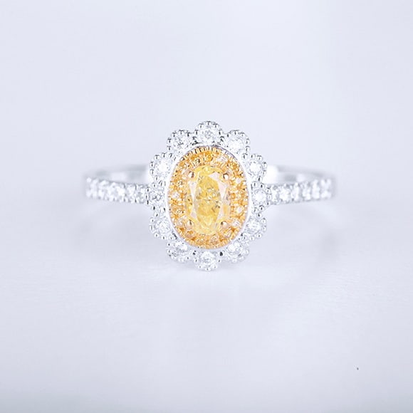 14k Gold 0.59 Ctw Natural Yellow Diamond & Diamond Ring: Ref:231074323 // gold content:14k gold // ring size:7. 25us // // main gemstone:yellow diamond // shape:oval // carat weight:0. 37ct // color:yellow // treatment:natural // // adjacent gemstone 2 :