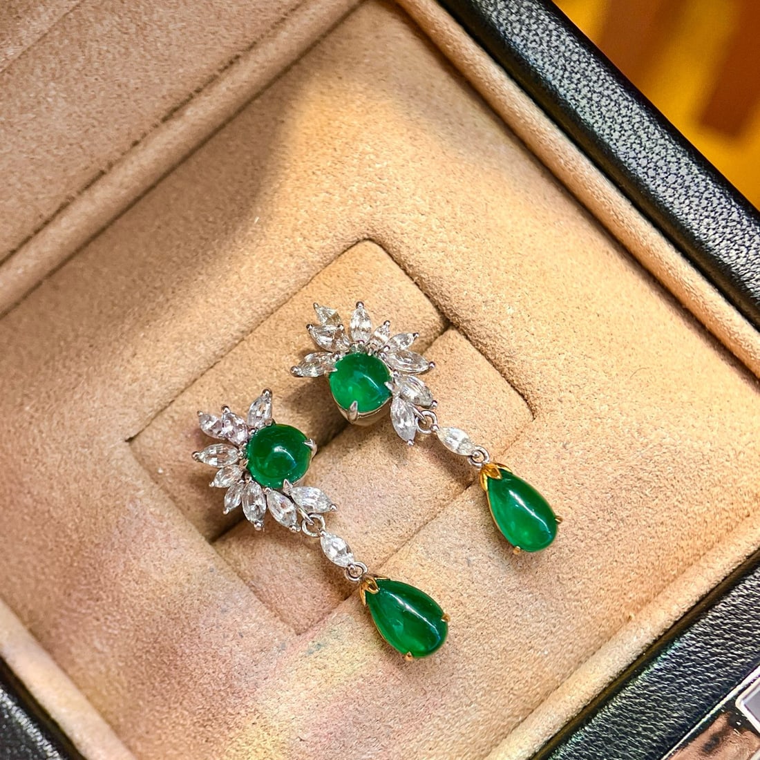 14k Gold 4.78 Ctw Natural Emerald & Sapphire Earrings: Ref:231074341 // gold content:14k gold // main gemstone:emerald // shape:multiple // carat weight:3. 2ct // color:green // treatment:natural // // adjacent gemstone 2 : sapphire // shape:marquise //