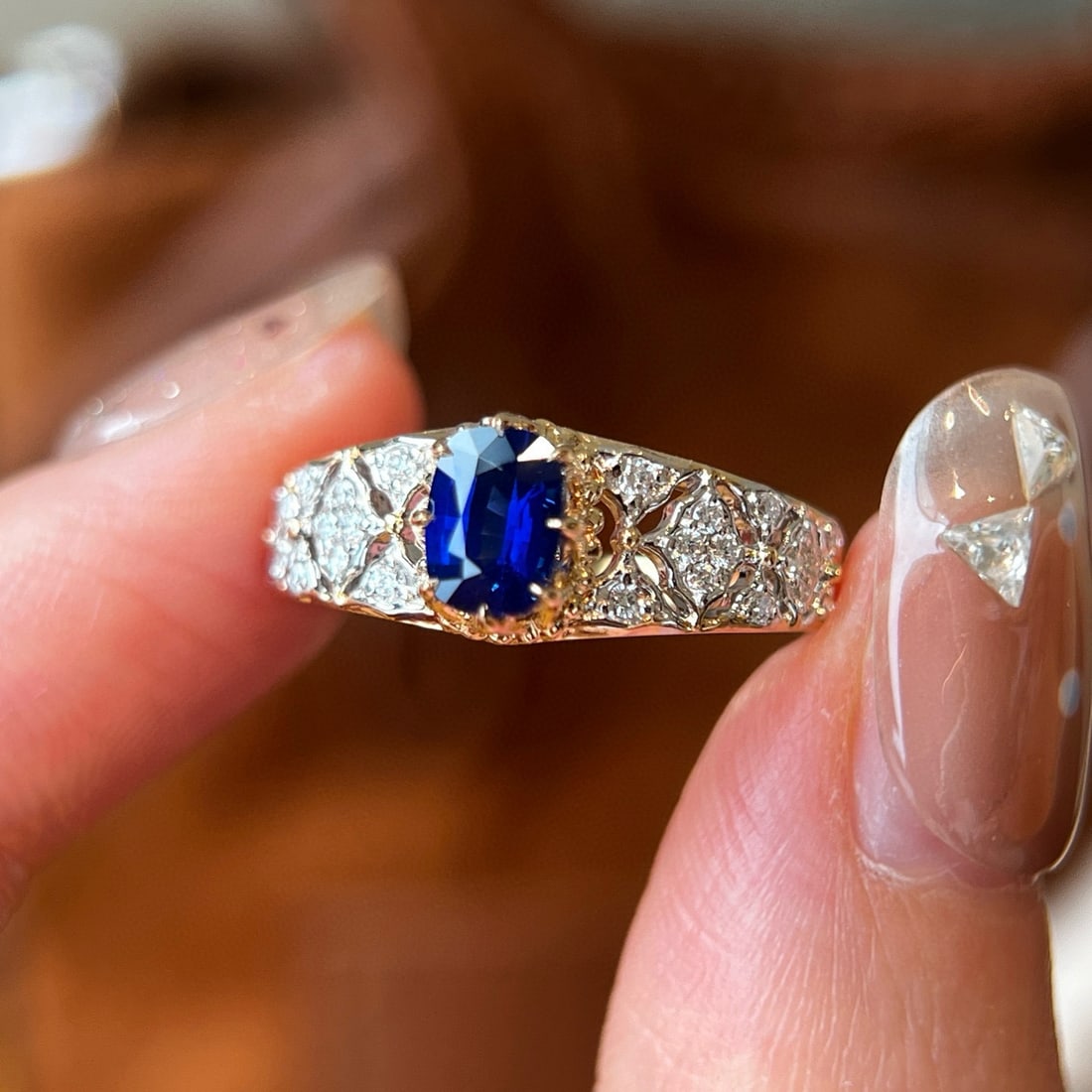 14k Gold 0.97 Ctw Natural Sapphire & Diamond Ring: Ref:231074349 // gold content:14k gold // ring size:7. 25us // // main gemstone:sapphire // shape:cushion // carat weight:0. 82ct // color:royal blue // treatment:natural // // adjacent gemstone 2 :