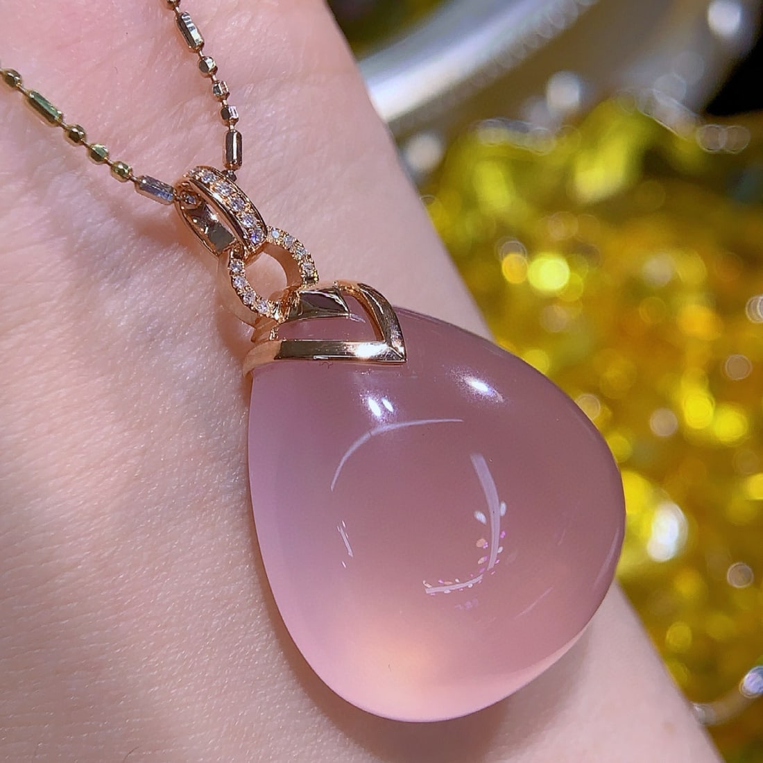 14k Gold 11.47 Ct Natural Rose Quartz & Diamond Pendant( Without Chain ) - 2