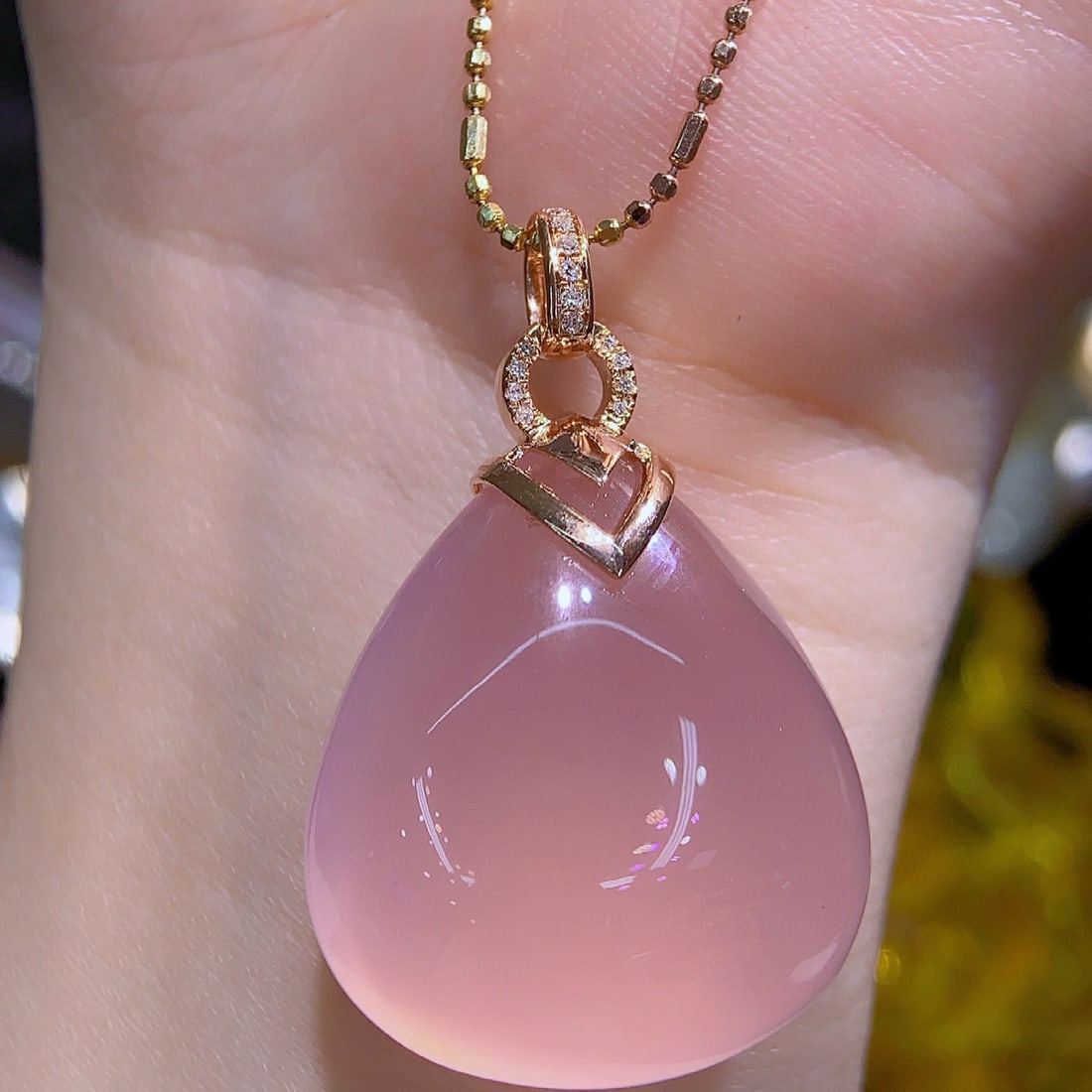 14k Gold 11.47 Ct Natural Rose Quartz & Diamond Pendant( Without Chain ) - 7