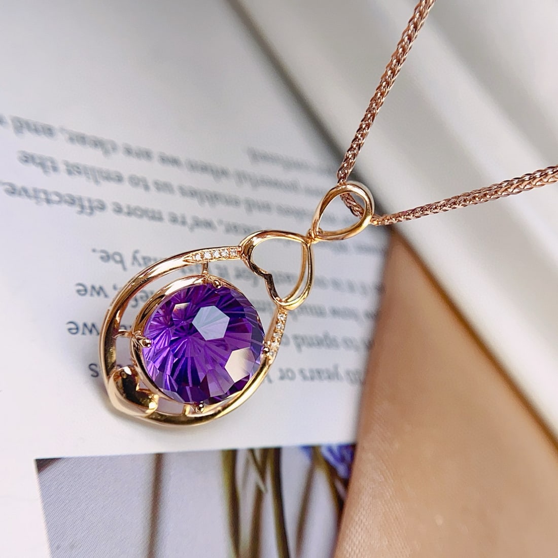 14k Gold 5.78 Ct Natural Amethyst & Diamond Pendant( Without Chain ) - 2