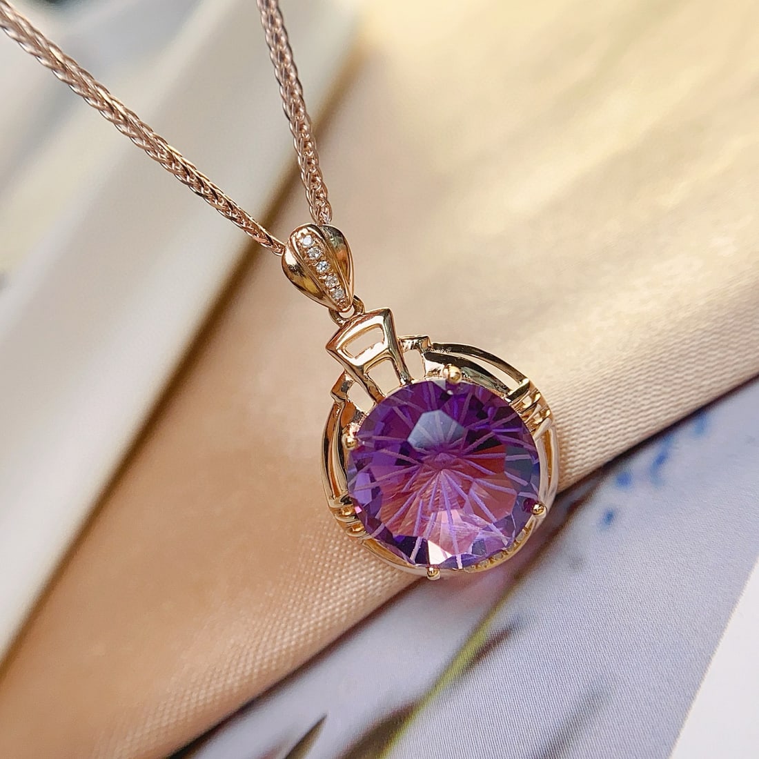 14k Gold 5.50 Ct Natural Amethyst & Diamond Pendant( Without Chain ) - 3