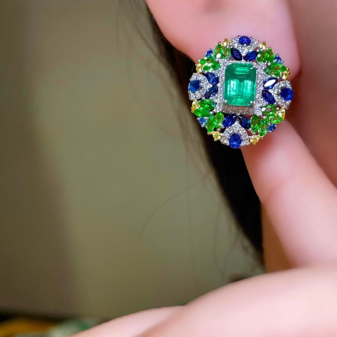 14k Gold 4.35 Ctw Vivid Green Natural Emerald & Sapphire & Tsavorite Earrings - 3
