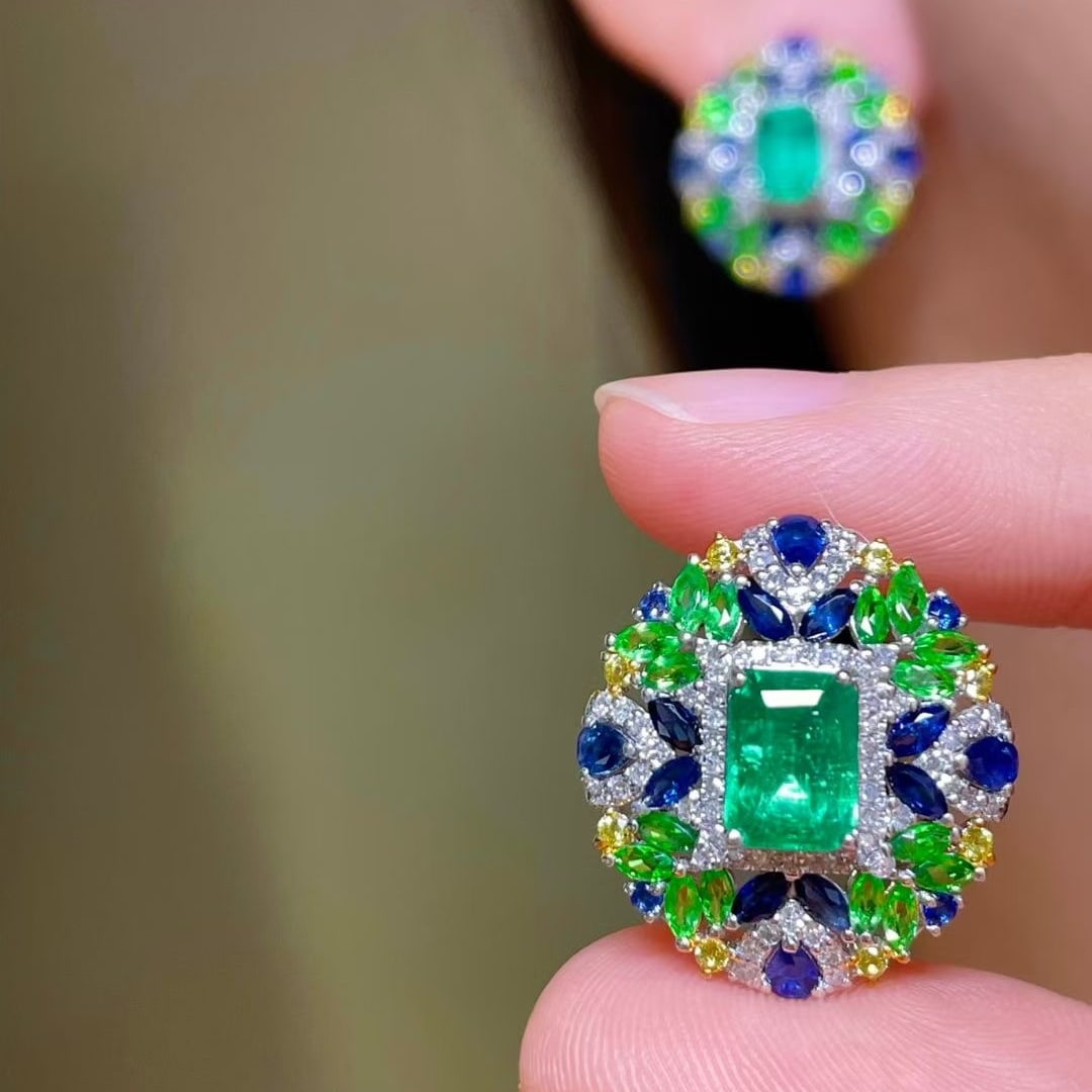 14k Gold 4.35 Ctw Vivid Green Natural Emerald & Sapphire & Tsavorite Earrings - 4