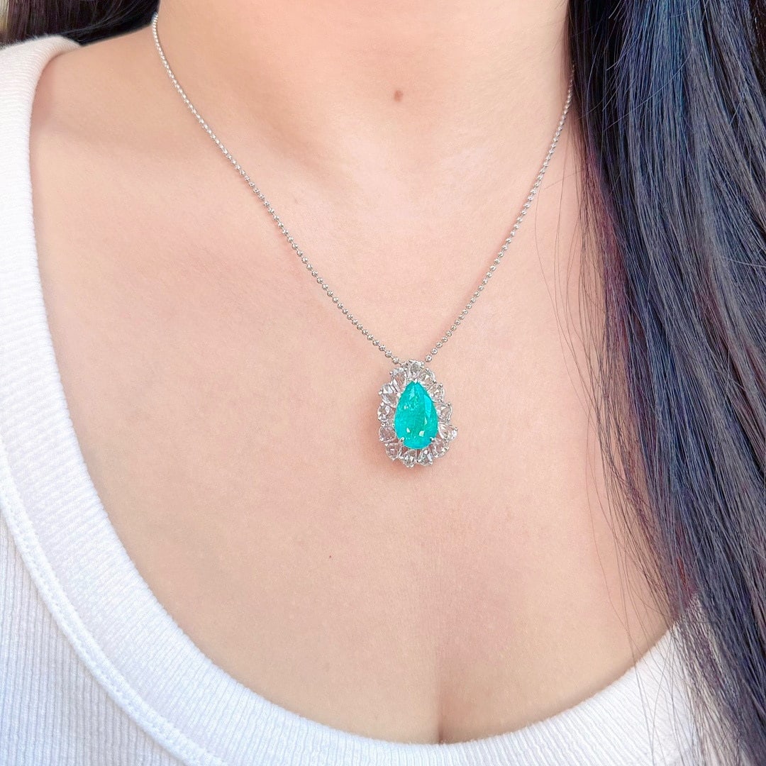 14k Gold 4.54 Ctw Natural Paraiba Tourmaline & Sapphire Pendant( Without Chain ) - 2