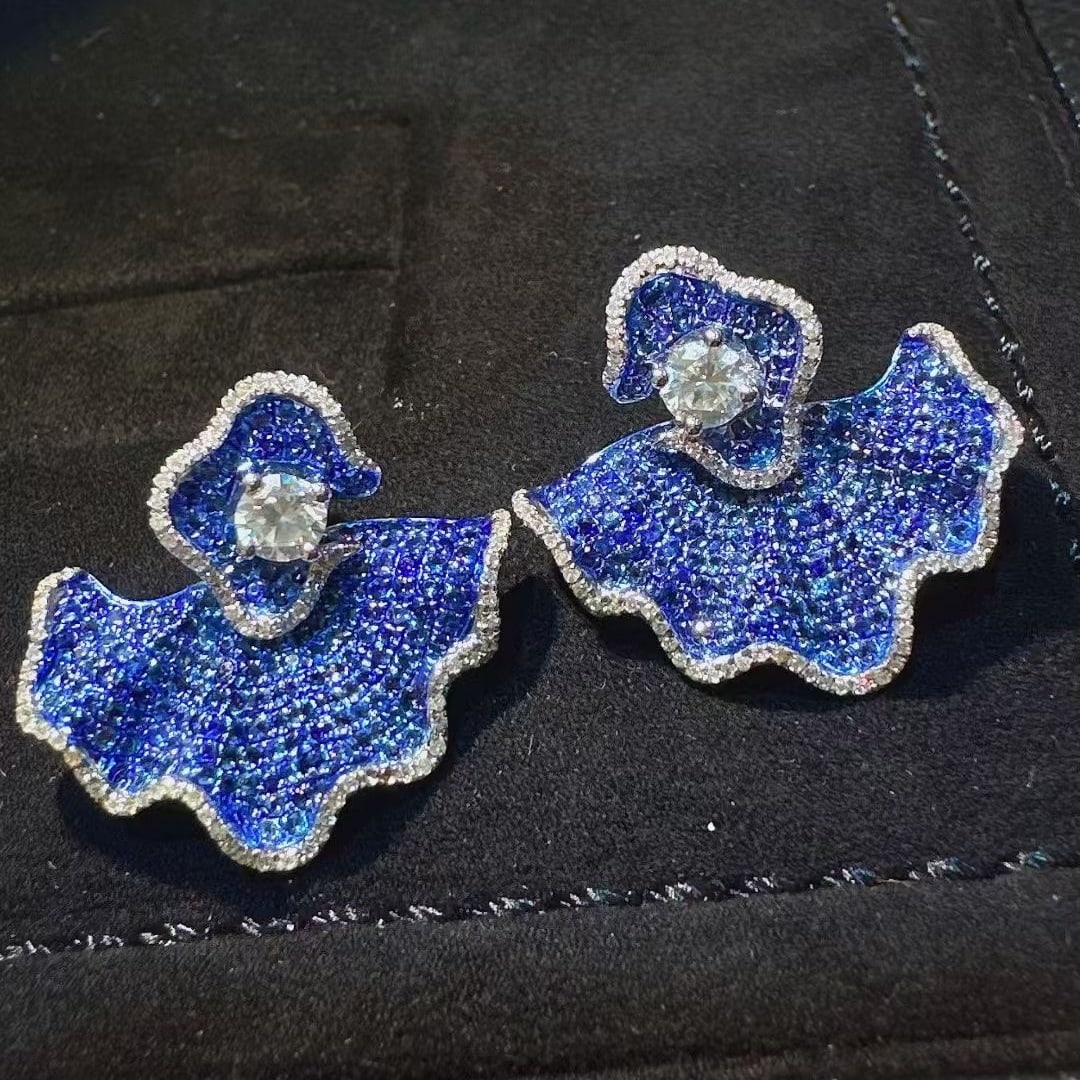 14k Gold 2 Ct Natural Sapphire & Diamond Earrings - 2