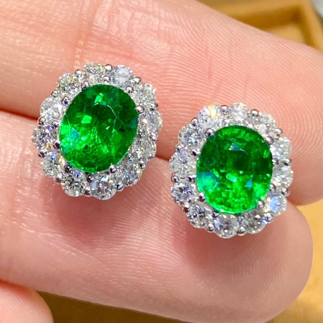 14k Gold 2.2 Ct Natural Tsavorite & Diamond Earrings - 2
