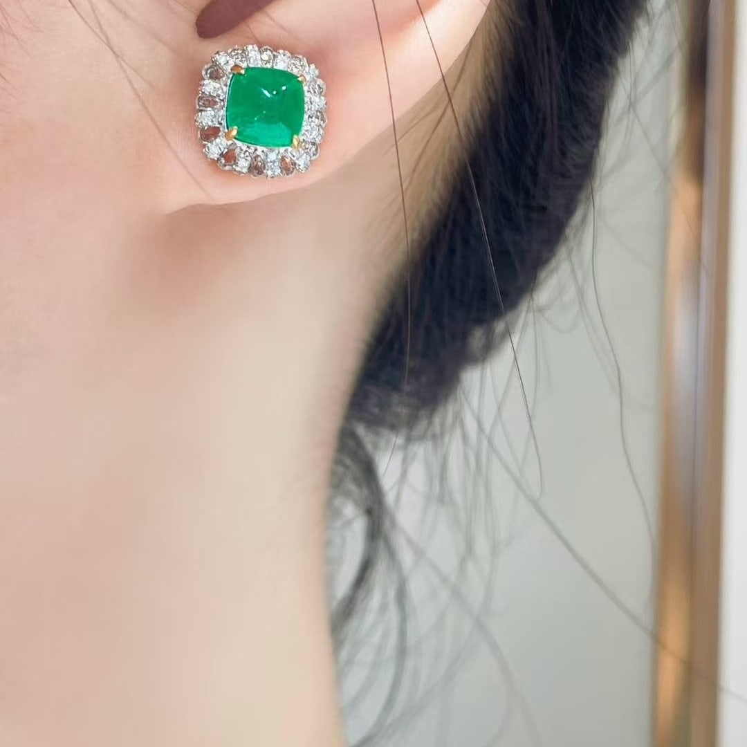 14k Gold 3.13 Ct Natural Emerald & Diamond & Sapphire Earrings - 4