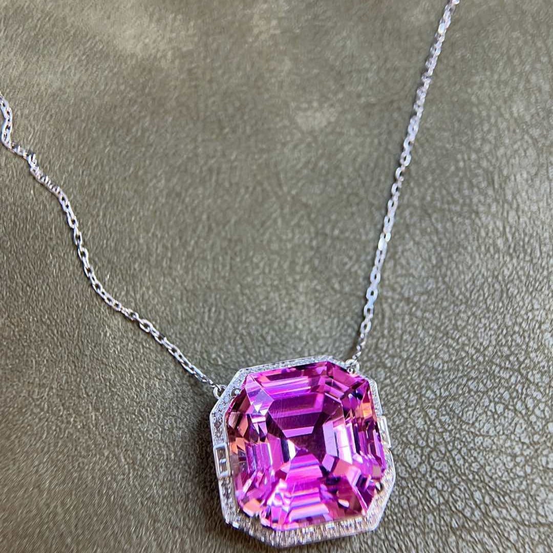 14k Gold 35.31 Ctw Natural Kunzite & Diamond Necklace - 3