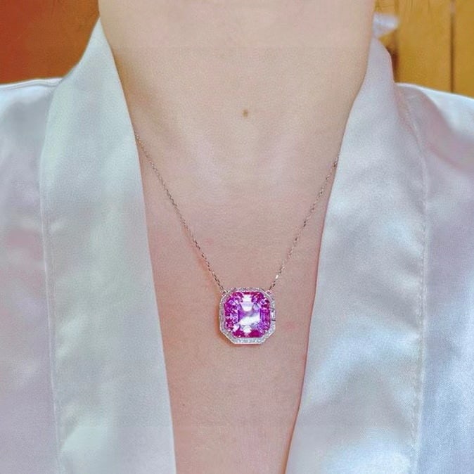 14k Gold 35.31 Ctw Natural Kunzite & Diamond Necklace - 4