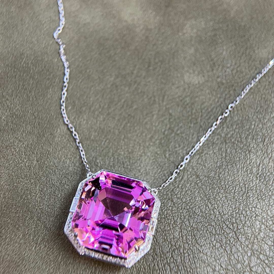 14k Gold 35.31 Ctw Natural Kunzite & Diamond Necklace - 5