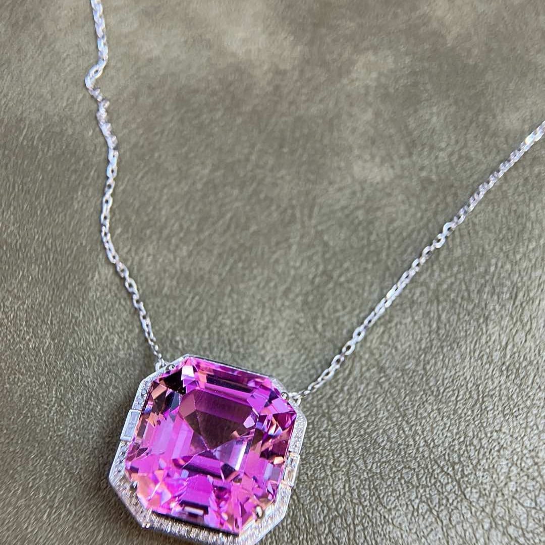 14k Gold 35.31 Ctw Natural Kunzite & Diamond Necklace - 6