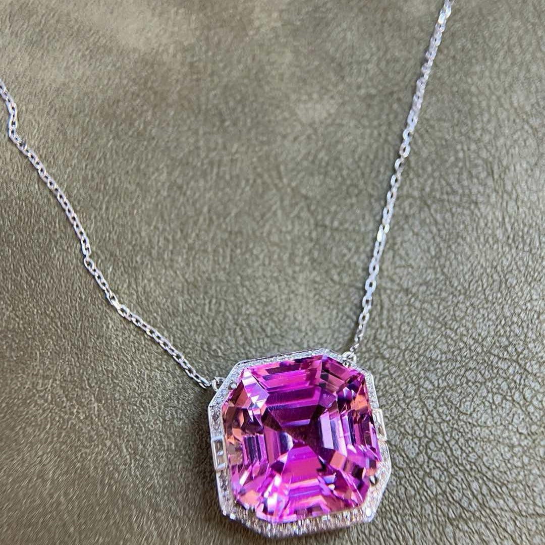 14k Gold 35.31 Ctw Natural Kunzite & Diamond Necklace - 7