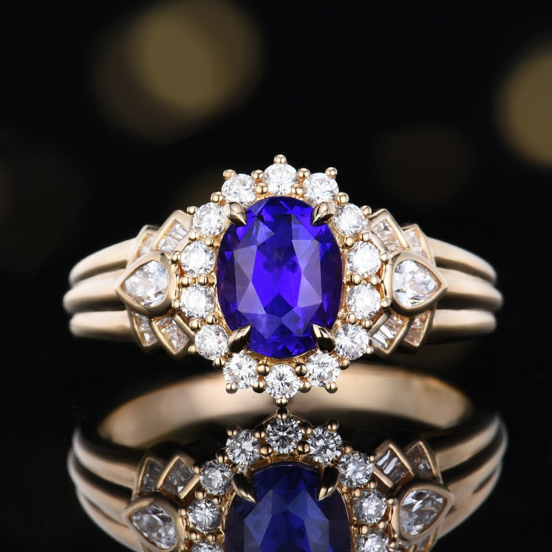 14k Gold 2.58 Ctw Natural Sapphire & Diamond Ring: Ref:231076010 // gold content:14k gold // ring size:7. 25us // // main gemstone:sapphire // shape:oval // carat weight:2. 11ct // color:blue // treatment:natural // // adjacent gemstone 2 : diamond